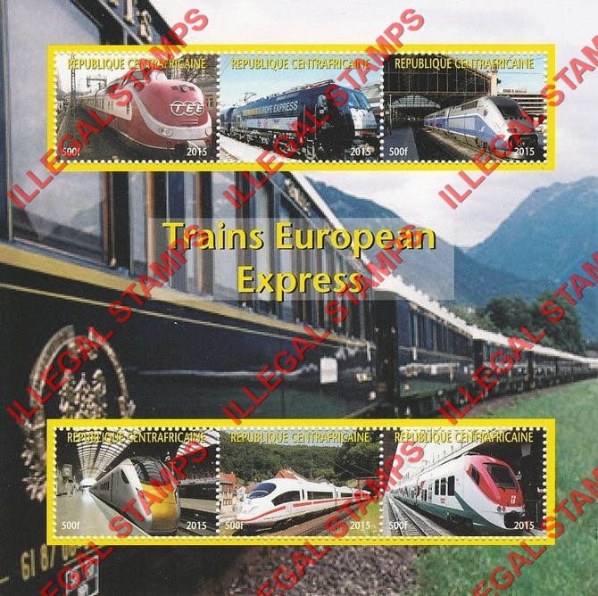 Central African Republic 2015 Express Trains of Europe Illegal Stamp Souvenir Sheet of 6 (Sheet 1)