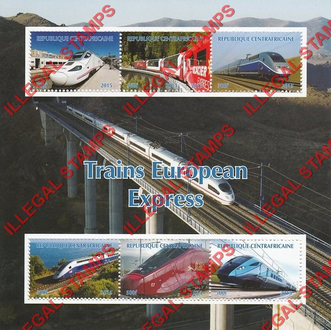 Central African Republic 2015 Express Trains of Europe Illegal Stamp Souvenir Sheet of 6 (Sheet 2)
