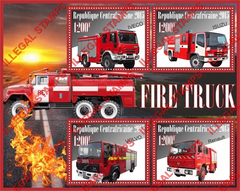 Central African Republic 2015 Fire Trucks Illegal Stamp Souvenir Sheet of 4