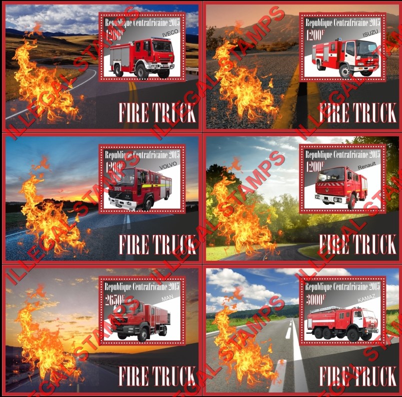 Central African Republic 2015 Fire Trucks Illegal Stamp Souvenir Sheets of 1