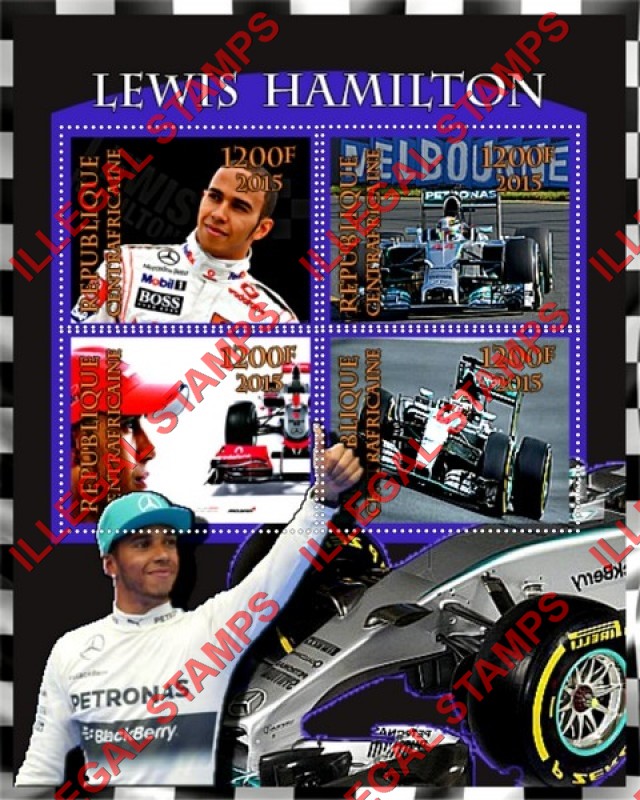 Central African Republic 2015 Formula 1 Lewis Hamilton Illegal Stamp Souvenir Sheet of 4