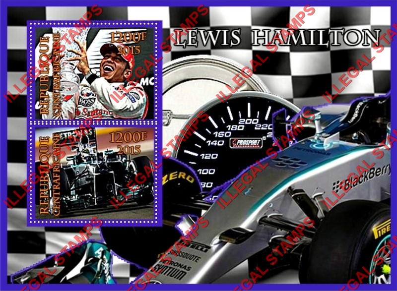 Central African Republic 2015 Formula 1 Lewis Hamilton Illegal Stamp Souvenir Sheet of 2