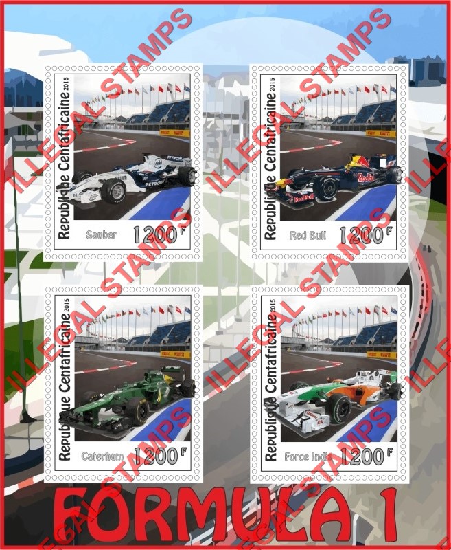 Central African Republic 2015 Formula 1 Cars and Drivers Illegal Stamp Souvenir Sheet of 4
