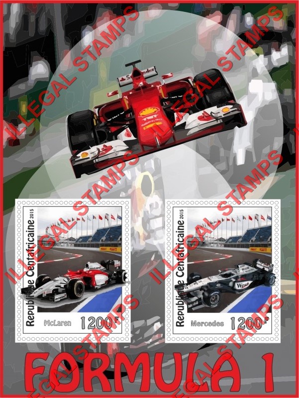 Central African Republic 2015 Formula 1 Cars and Drivers Illegal Stamp Souvenir Sheet of 2