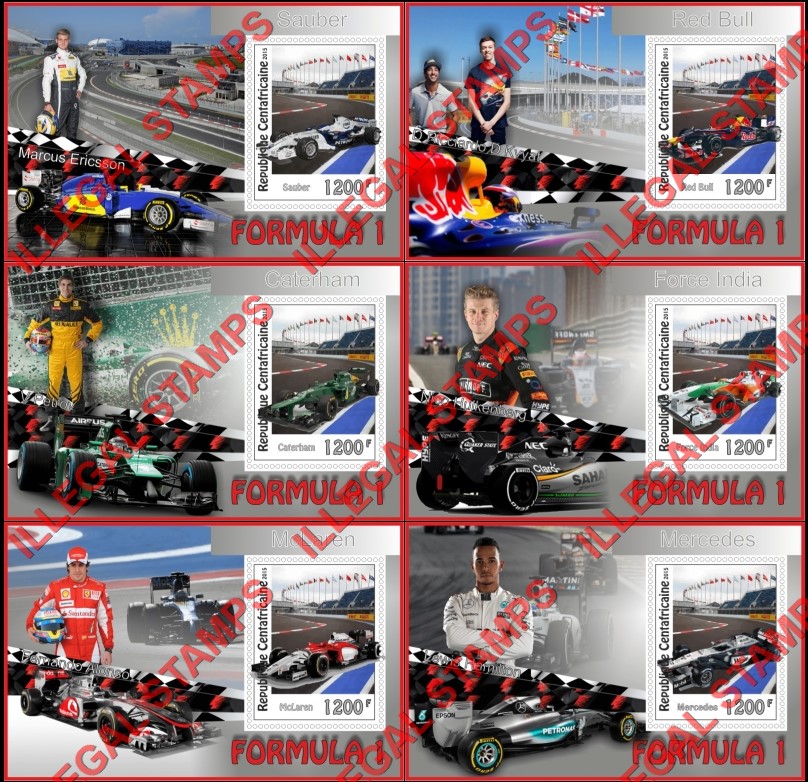 Central African Republic 2015 Formula 1 Cars and Drivers Illegal Stamp Souvenir Sheets of 1
