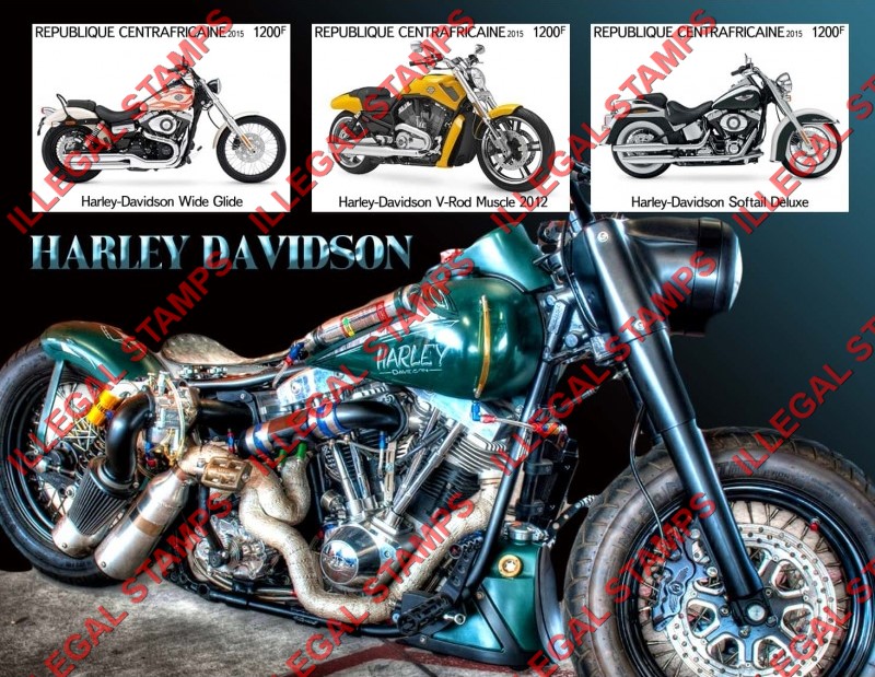 Central African Republic 2015 Harley Davidson Motorcycles Illegal Stamp Souvenir Sheet of 3