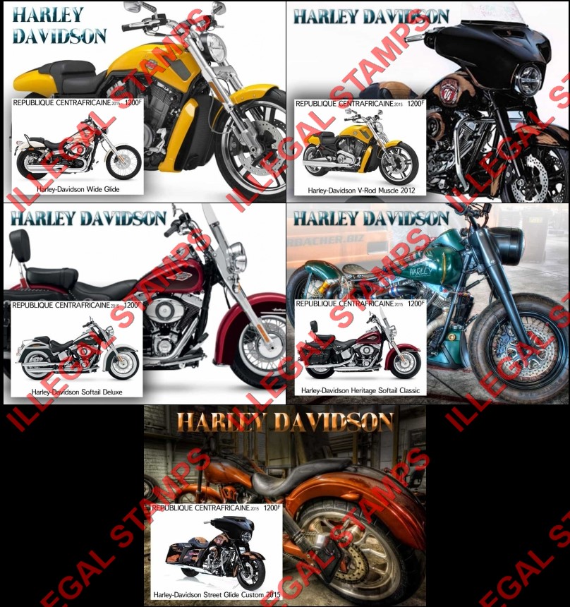 Central African Republic 2015 Harley Davidson Motorcycles Illegal Stamp Souvenir Sheets of 1