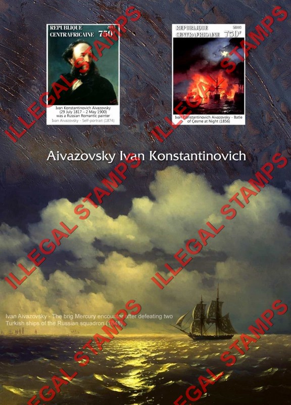 Central African Republic 2015 Paintings by Aivazovsky Ivan Konstantinovich Illegal Stamp Souvenir Sheet of 2