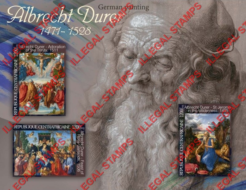 Central African Republic 2015 Paintings by Albrecht Durer (different) Illegal Stamp Souvenir Sheet of 3