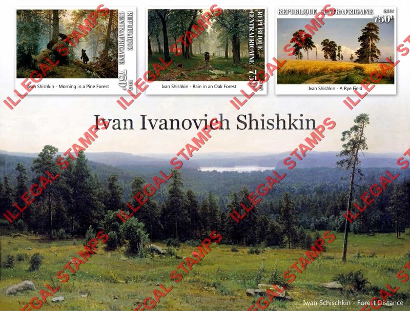 Central African Republic 2015 Paintings by Ivan Ivanovich Shishkin Illegal Stamp Souvenir Sheet of 3