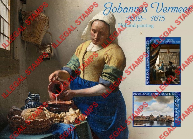 Central African Republic 2015 Paintings by Johannes Vermeer Illegal Stamp Souvenir Sheet of 2