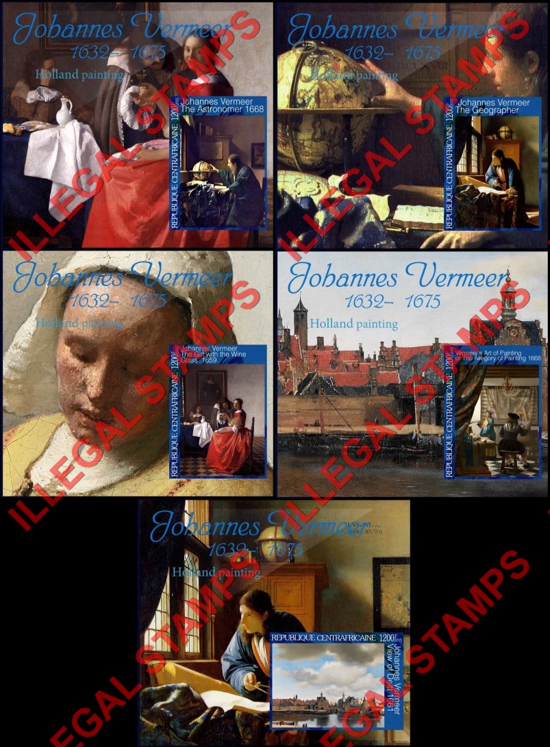 Central African Republic 2015 Paintings by Johannes Vermeer Illegal Stamp Souvenir Sheets of 1