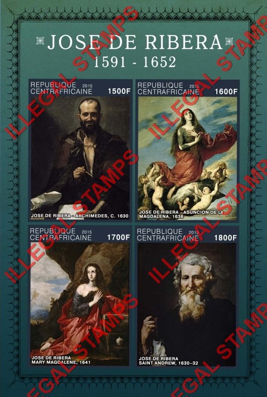 Central African Republic 2015 Paintings by Jose de Ribera Illegal Stamp Souvenir Sheet of 4