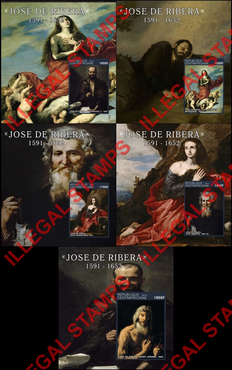 Central African Republic 2015 Paintings by Jose de Ribera Illegal Stamp Souvenir Sheets of 1