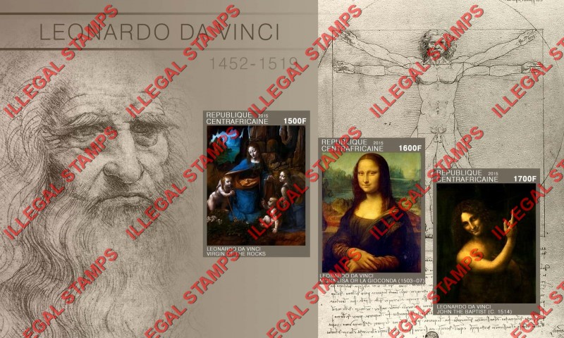 Central African Republic 2015 Paintings by Leonardo da Vinci Illegal Stamp Souvenir Sheet of 3
