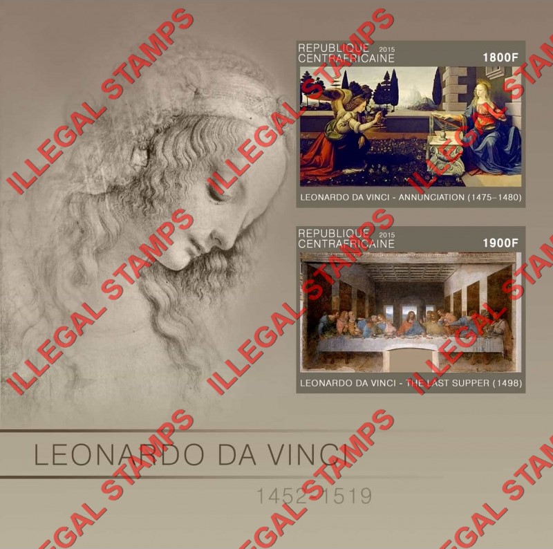 Central African Republic 2015 Paintings by Leonardo da Vinci Illegal Stamp Souvenir Sheet of 2