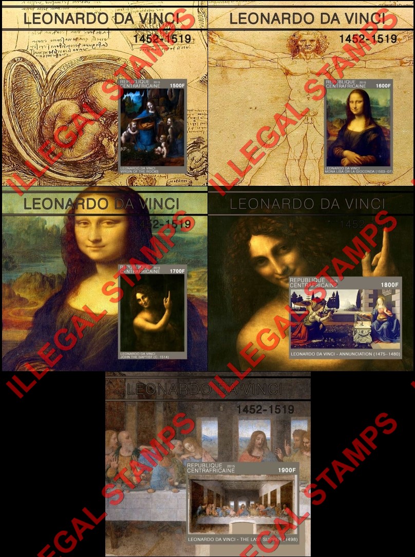 Central African Republic 2015 Paintings by Leonardo da Vinci Illegal Stamp Souvenir Sheets of 1