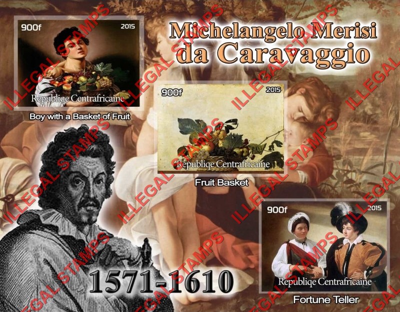 Central African Republic 2015 Paintings by Michelangelo Merisi da Caravaggio Illegal Stamp Souvenir Sheet of 3