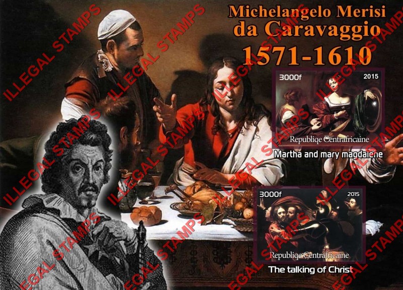 Central African Republic 2015 Paintings by Michelangelo Merisi da Caravaggio Illegal Stamp Souvenir Sheet of 2