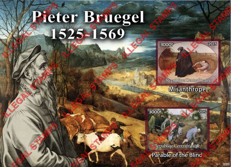 Central African Republic 2015 Paintings by Pieter Bruegel Illegal Stamp Souvenir Sheet of 2