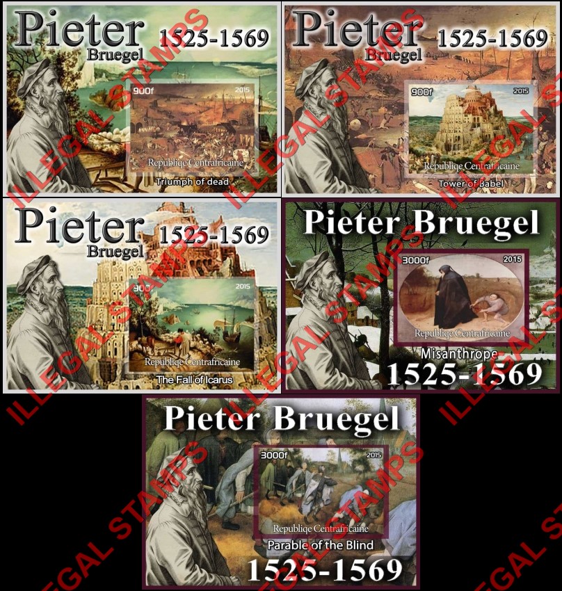 Central African Republic 2015 Paintings by Pieter Bruegel Illegal Stamp Souvenir Sheets of 1