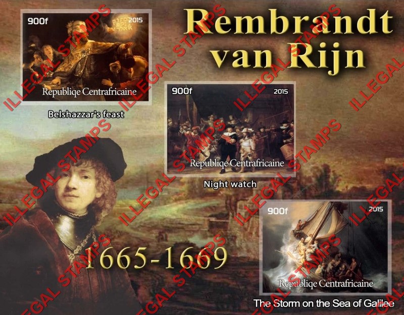 Central African Republic 2015 Paintings by Rembrandt van Rijn Illegal Stamp Souvenir Sheet of 3