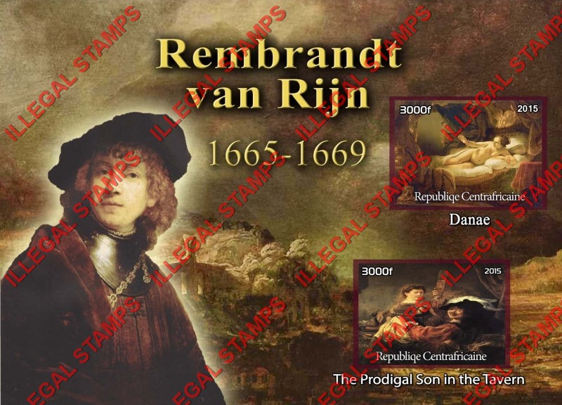 Central African Republic 2015 Paintings by Rembrandt van Rijn Illegal Stamp Souvenir Sheet of 2