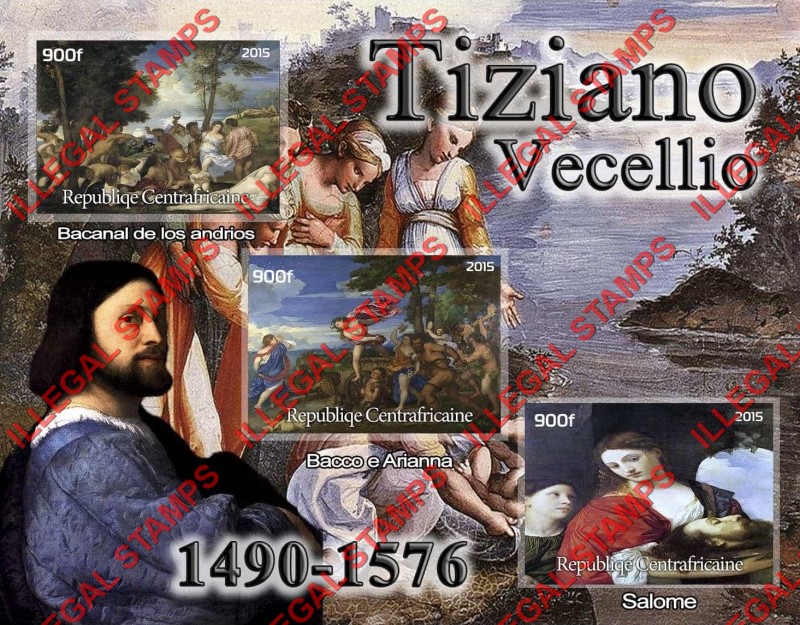 Central African Republic 2015 Paintings by Vecellio Tiziano Illegal Stamp Souvenir Sheet of 3
