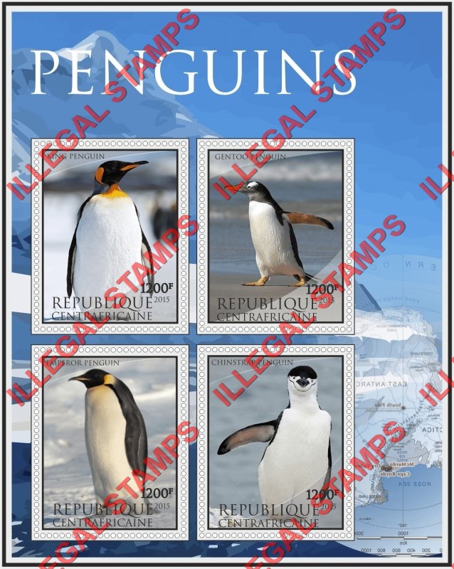 Central African Republic 2015 Penguins Illegal Stamp Souvenir Sheet of 4