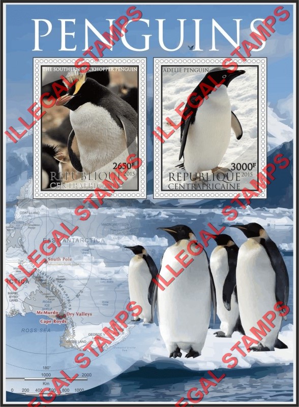 Central African Republic 2015 Penguins Illegal Stamp Souvenir Sheet of 2