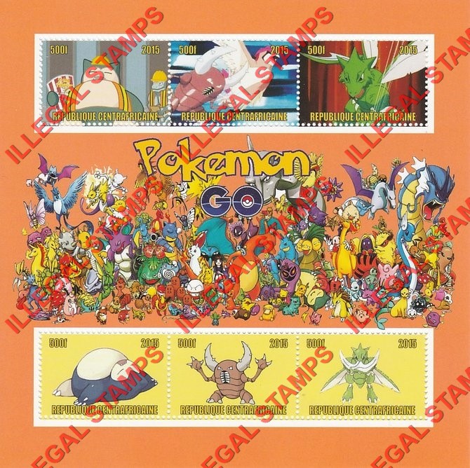 Central African Republic 2015 Pokemon Go Illegal Stamp Souvenir Sheet of 6 (Sheet 2)