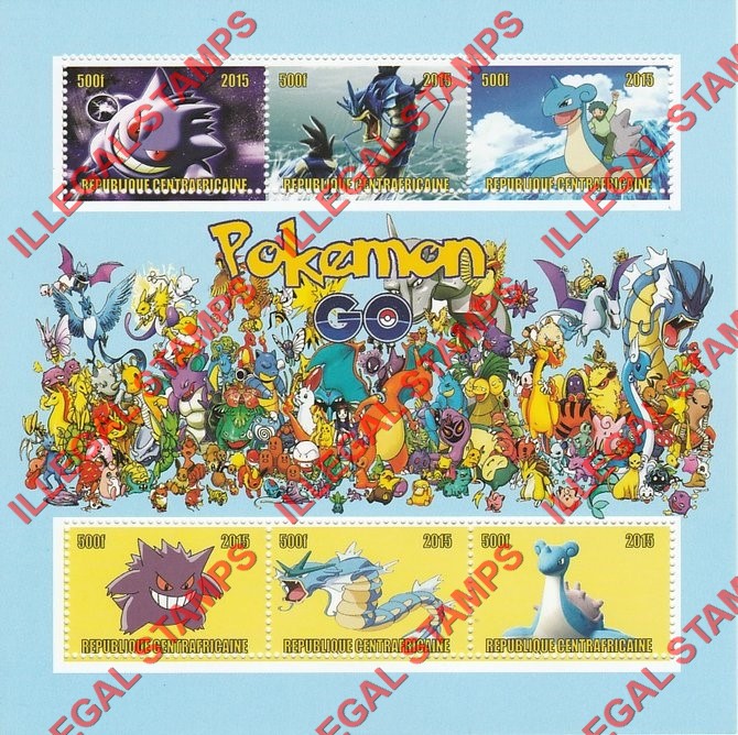 Central African Republic 2015 Pokemon Go Illegal Stamp Souvenir Sheet of 6 (Sheet 3)