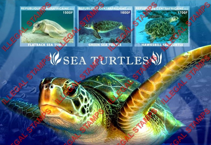 Central African Republic 2015 Sea Turtles Illegal Stamp Souvenir Sheet of 3
