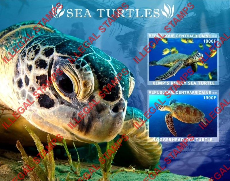 Central African Republic 2015 Sea Turtles Illegal Stamp Souvenir Sheet of 2