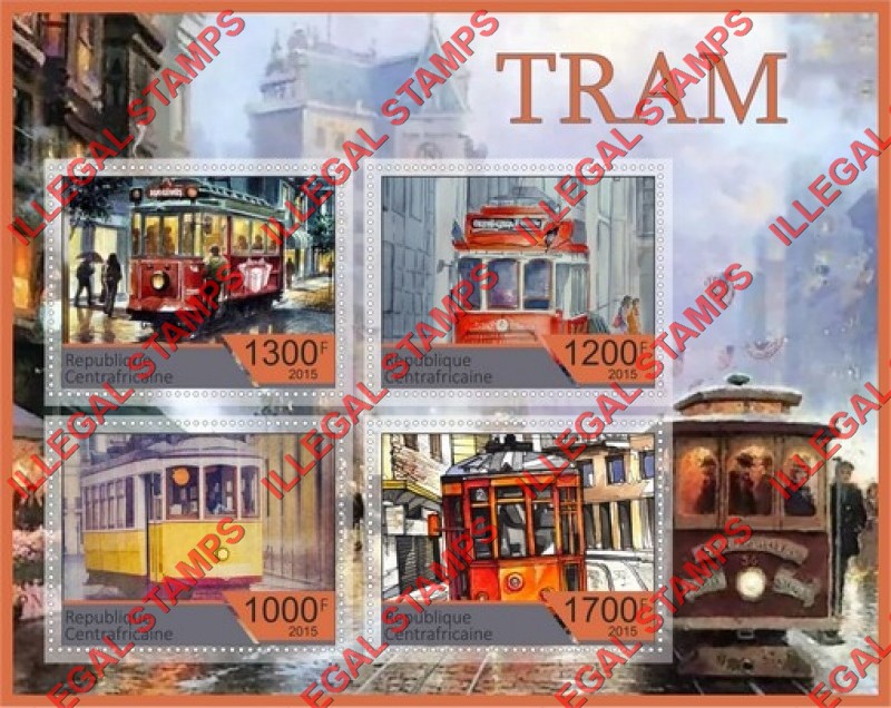 Central African Republic 2015 Tram Illegal Stamp Souvenir Sheet of 4