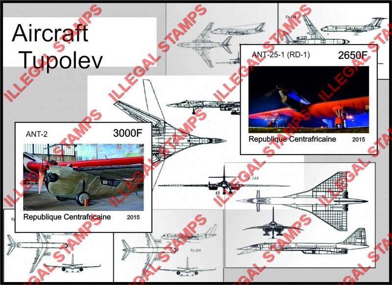 Central African Republic 2015 Tupolev Aircraft (different) Illegal Stamp Souvenir Sheet of 2