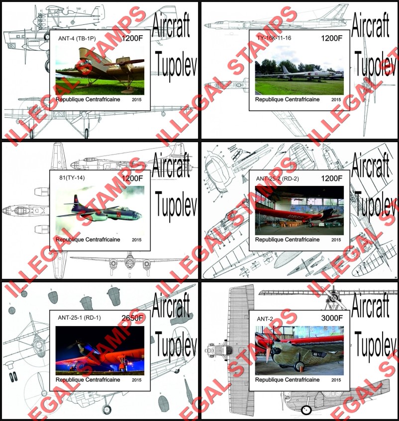 Central African Republic 2015 Tupolev Aircraft (different) Illegal Stamp Souvenir Sheets of 1