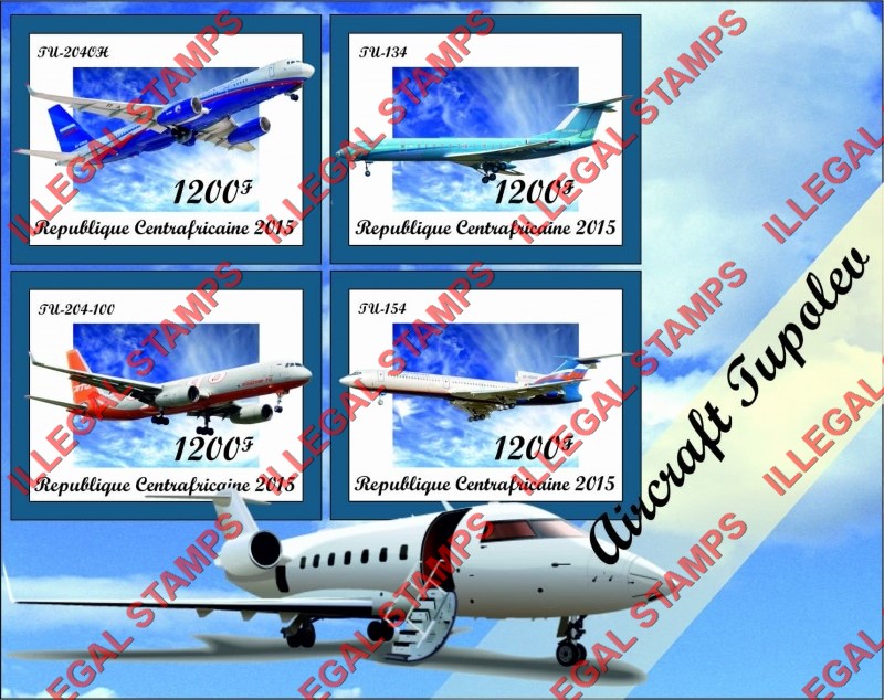Central African Republic 2015 Tupolev Aircraft Illegal Stamp Souvenir Sheet of 4