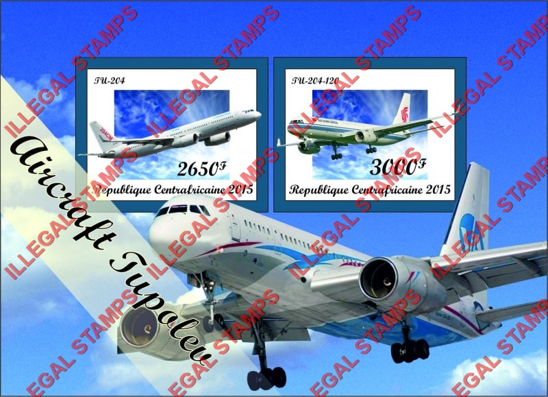 Central African Republic 2015 Tupolev Aircraft Illegal Stamp Souvenir Sheet of 2