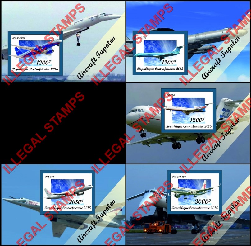 Central African Republic 2015 Tupolev Aircraft Illegal Stamp Souvenir Sheets of 1
