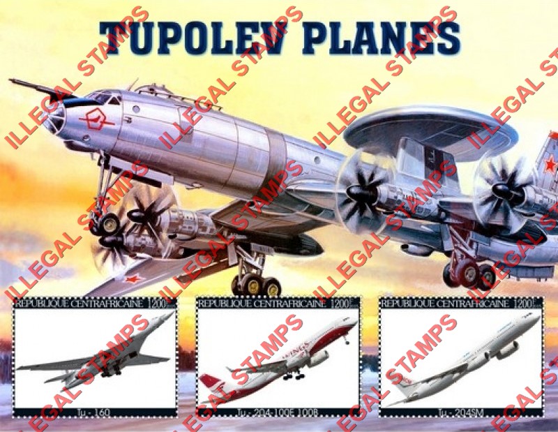 Central African Republic 2015 Tupolev Planes Illegal Stamp Souvenir Sheet of 3