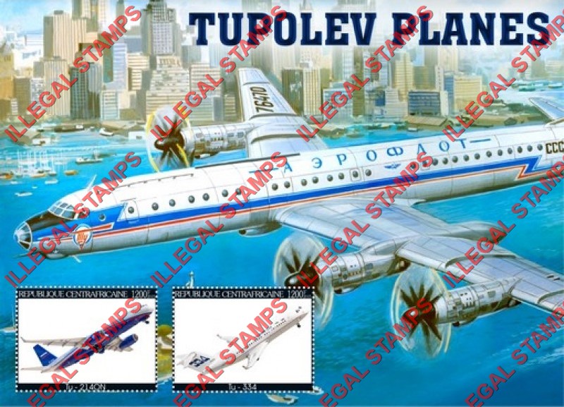 Central African Republic 2015 Tupolev Planes Illegal Stamp Souvenir Sheet of 2