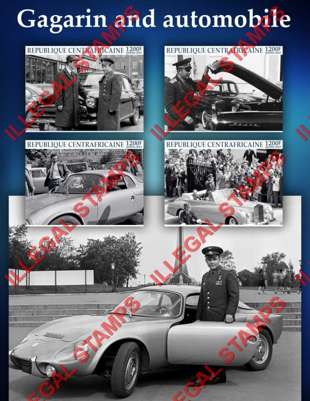 Central African Republic 2015 Yuri Gagarin and Automobile Illegal Stamp Souvenir Sheet of 4