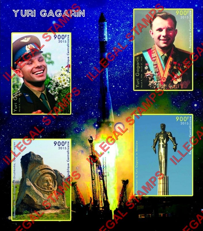 Central African Republic 2015 Yuri Gagarin Illegal Stamp Souvenir Sheet of 4