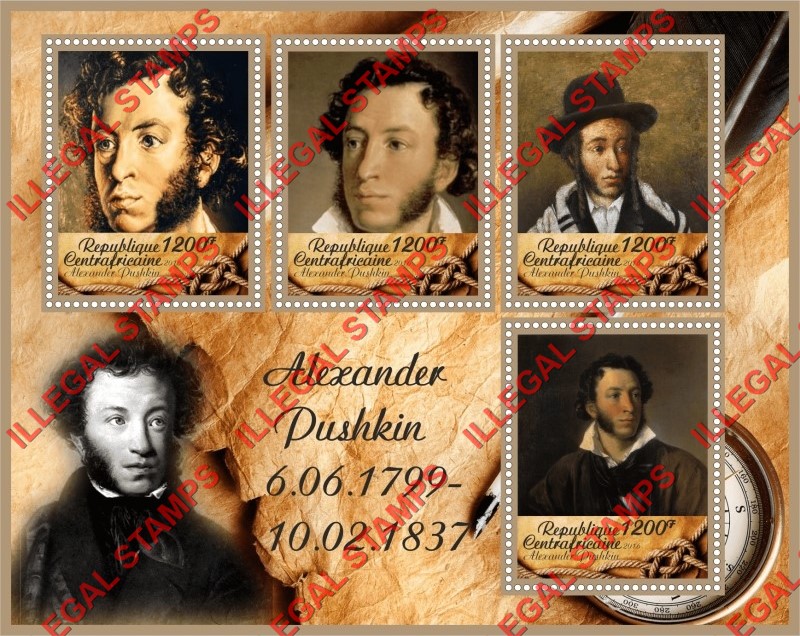 Central African Republic 2016 Alexander Pushkin Illegal Stamp Souvenir Sheet of 4