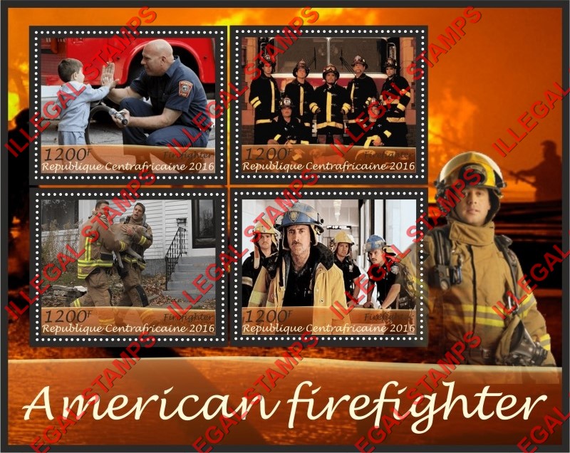 Central African Republic 2016 American Firefighters Illegal Stamp Souvenir Sheet of 4