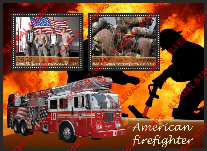Central African Republic 2016 American Firefighters Illegal Stamp Souvenir Sheet of 2