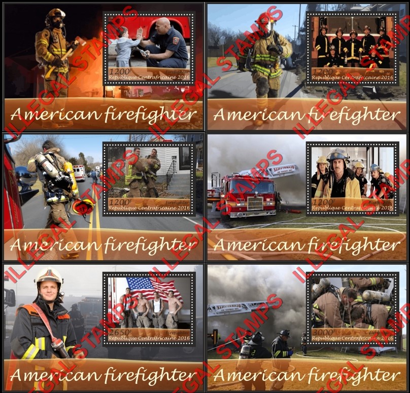Central African Republic 2016 American Firefighters Illegal Stamp Souvenir Sheets of 1