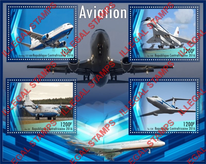 Central African Republic 2016 Aviation Airplanes Illegal Stamp Souvenir Sheet of 4