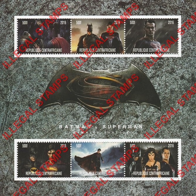 Central African Republic 2016 Batman v Superman Illegal Stamp Souvenir Sheet of 6 (Sheet 1)